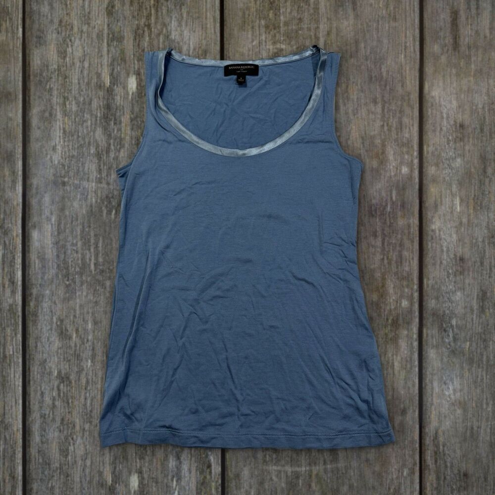 Banana Republic Luxe Touch Tank Top Dusty Blue Satin Trim Scoop Neck Women's S